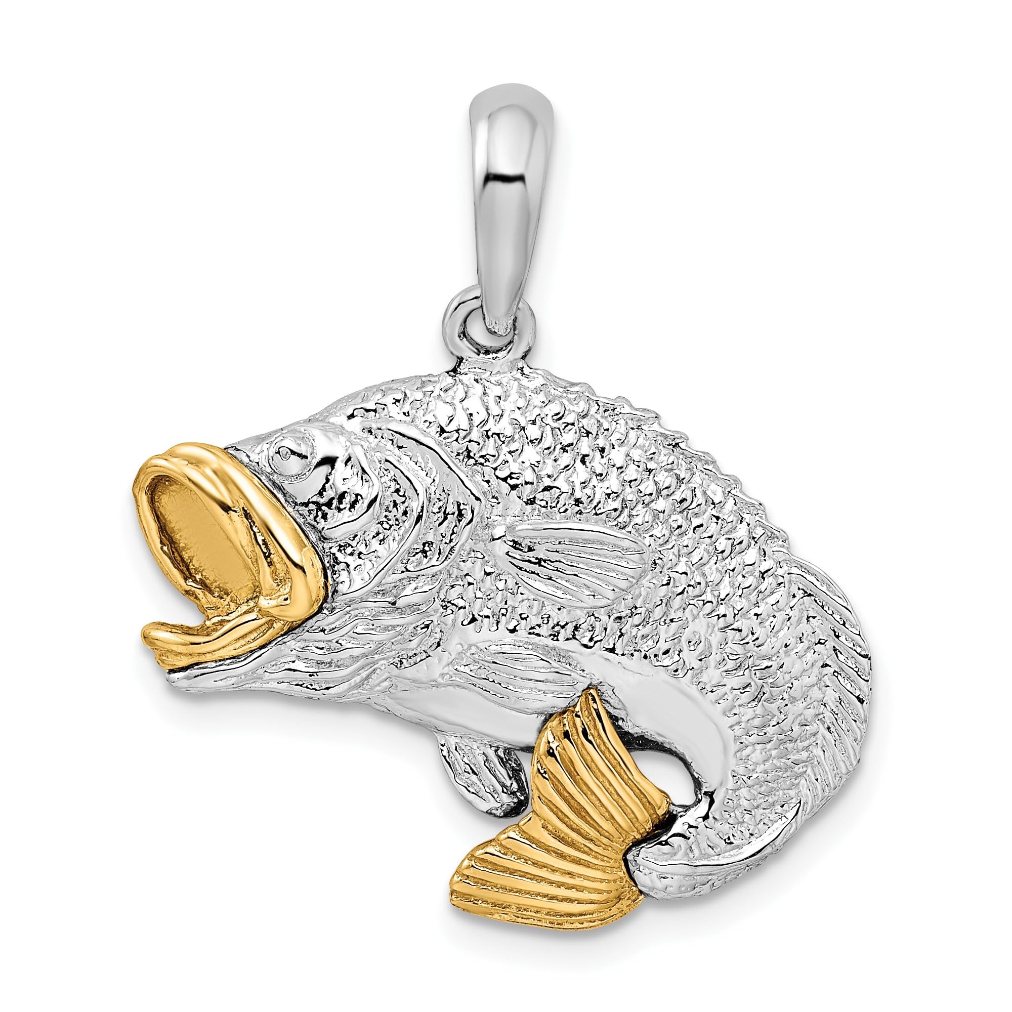 Two Tone Silver 14K Gold Bass Pendant Necklace Fish Charm Angler Jewelry