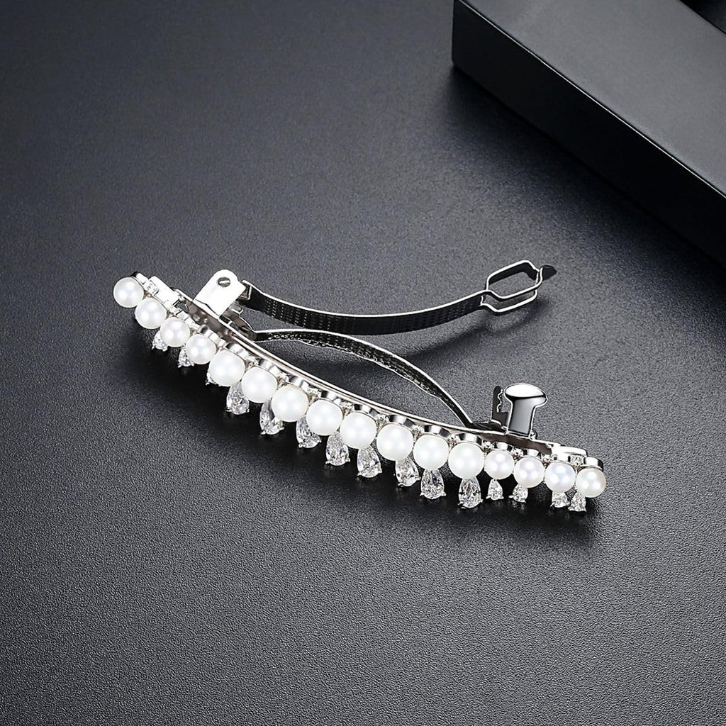14K Gold Crystal Barrette Flower Pearl Hair Clip Tassel Accessory