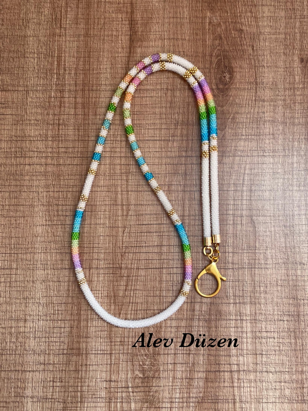White Rainbow Beaded Phone Lanyard Handmade Seed Bead Strap Badge Holder