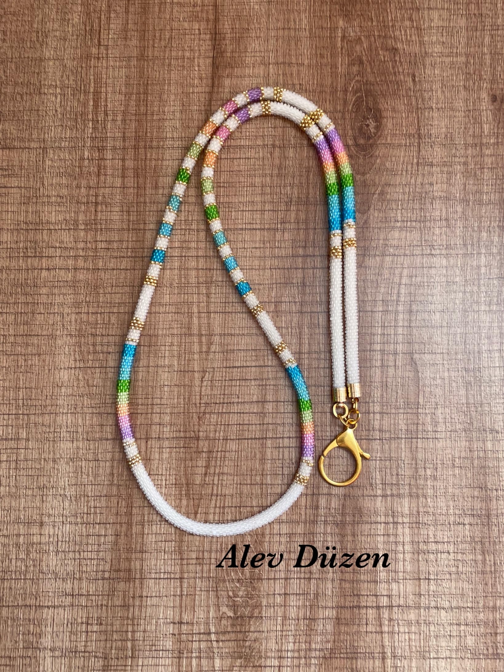 White Rainbow Beaded Phone Lanyard Handmade Seed Bead Strap Badge Holder