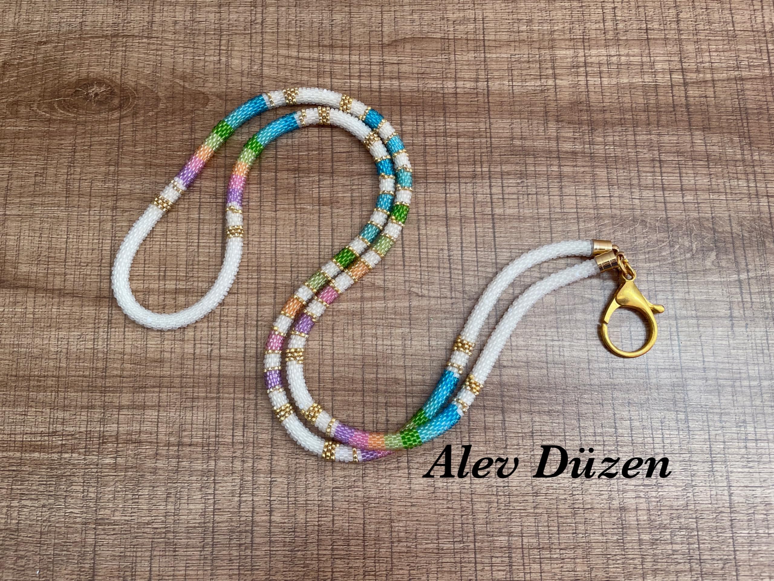 White Rainbow Beaded Phone Lanyard Handmade Seed Bead Strap Badge Holder
