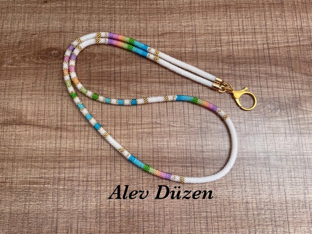 White Rainbow Beaded Phone Lanyard Handmade Seed Bead Strap Badge Holder