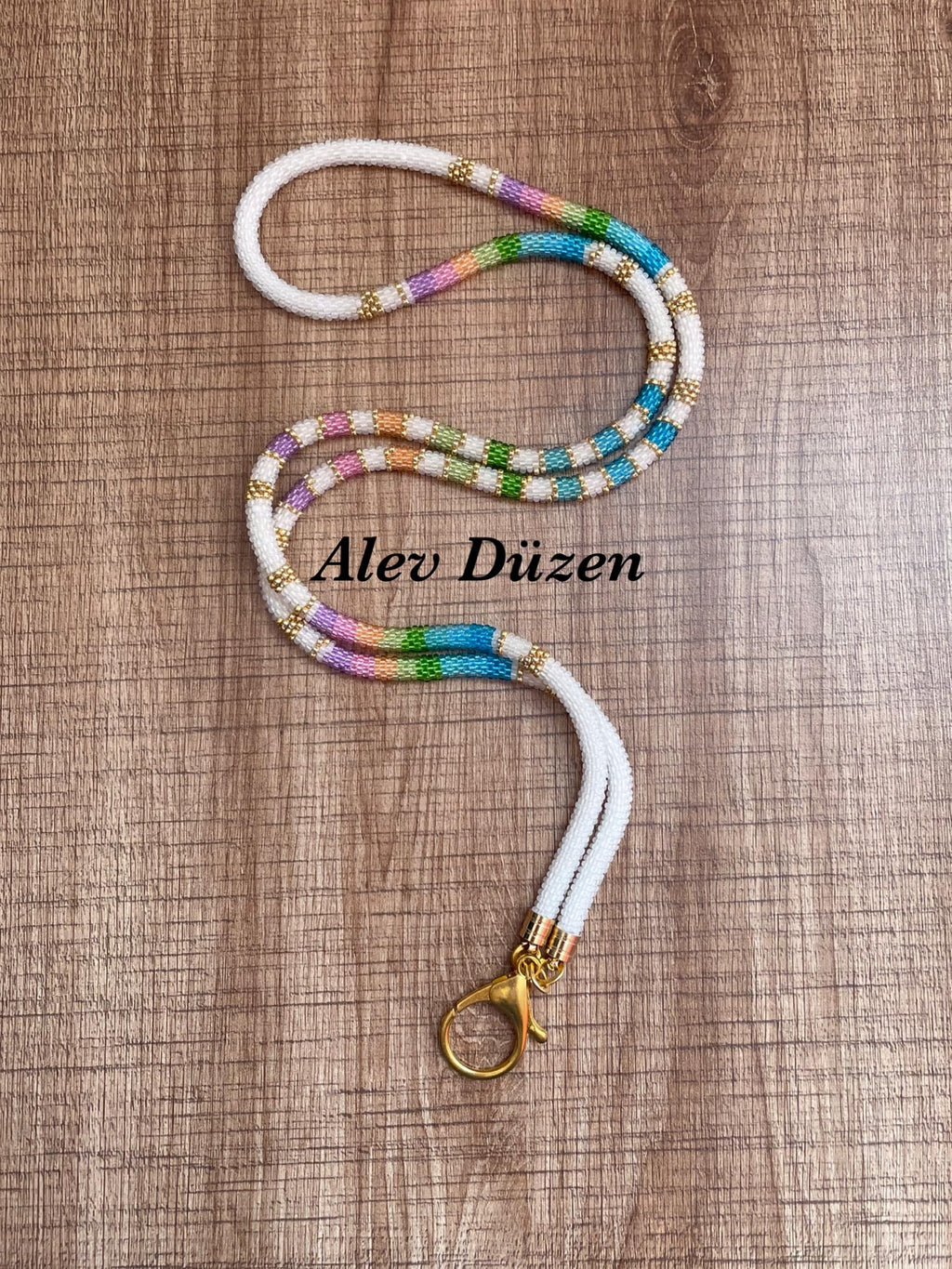 White Rainbow Beaded Phone Lanyard Handmade Seed Bead Strap Badge Holder