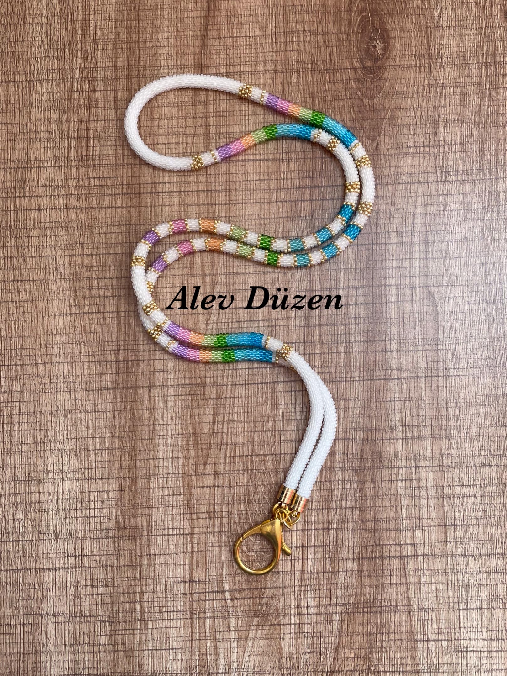 White Rainbow Beaded Phone Lanyard Handmade Seed Bead Strap Badge Holder