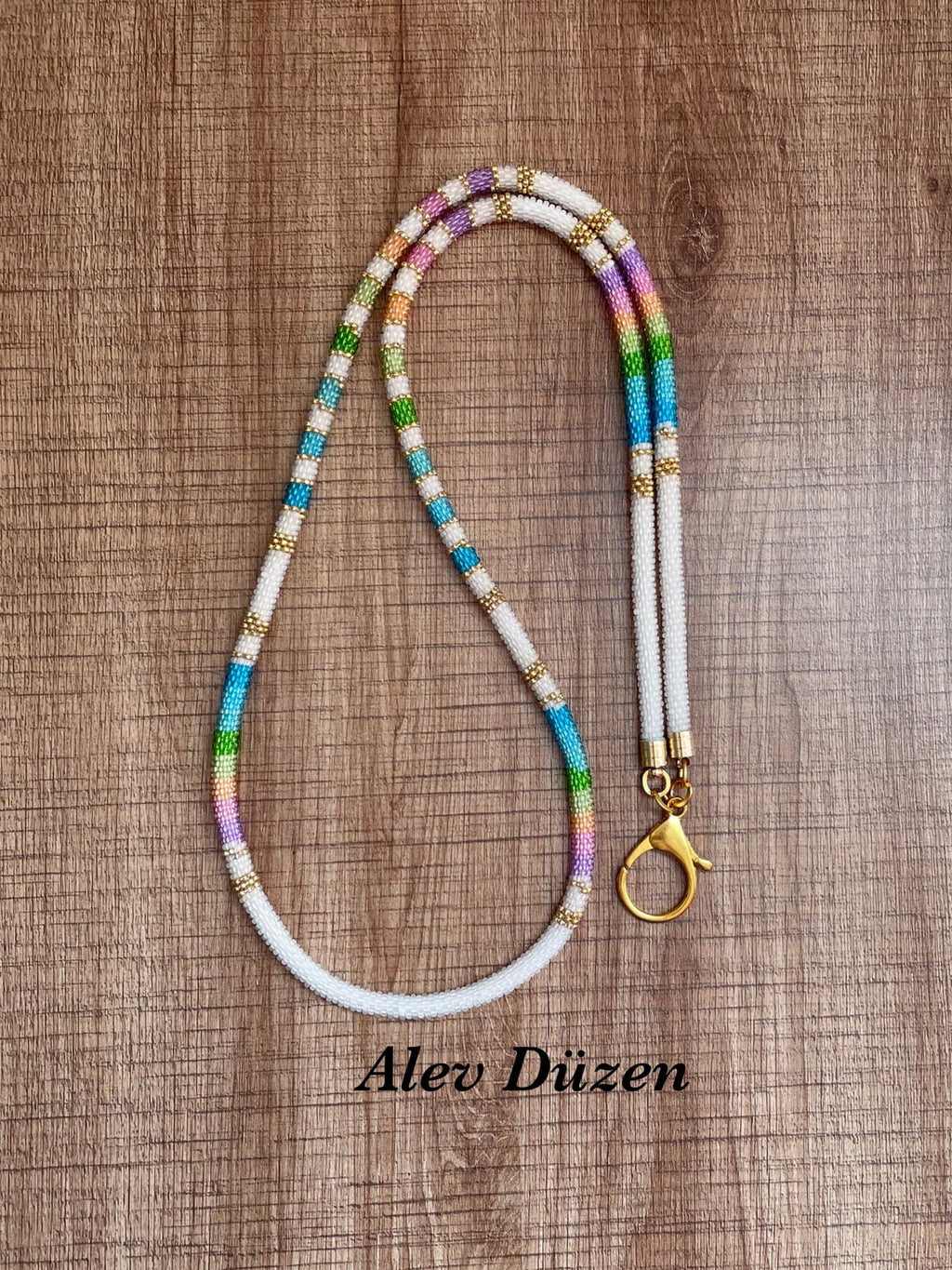 White Rainbow Beaded Phone Lanyard Handmade Seed Bead Strap Badge Holder