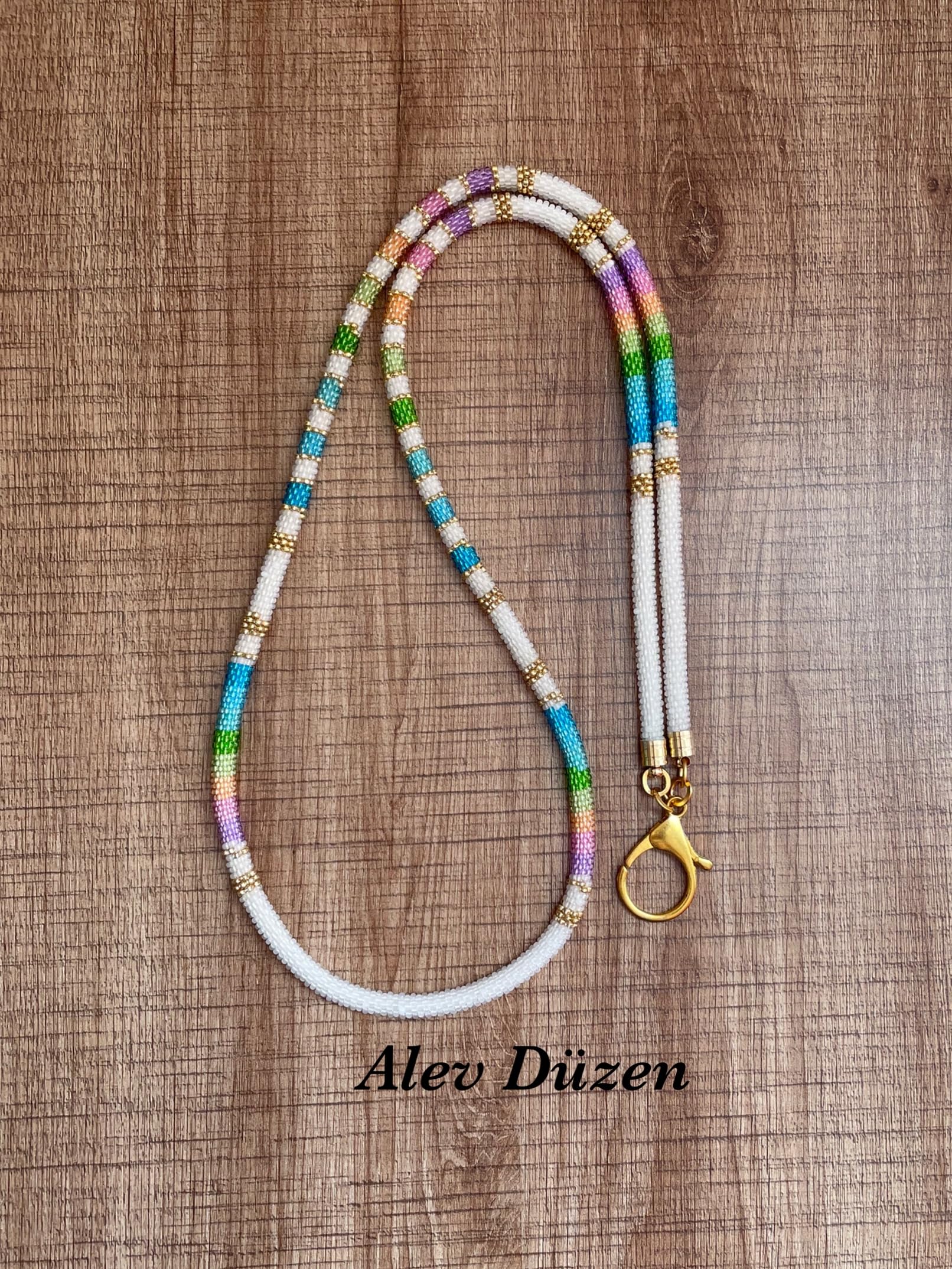 White Rainbow Beaded Phone Lanyard Handmade Seed Bead Strap Badge Holder