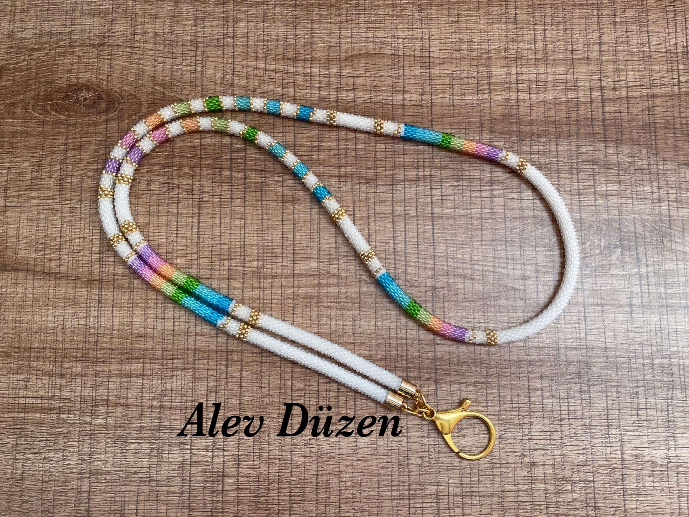 White Rainbow Beaded Phone Lanyard Handmade Seed Bead Strap Badge Holder