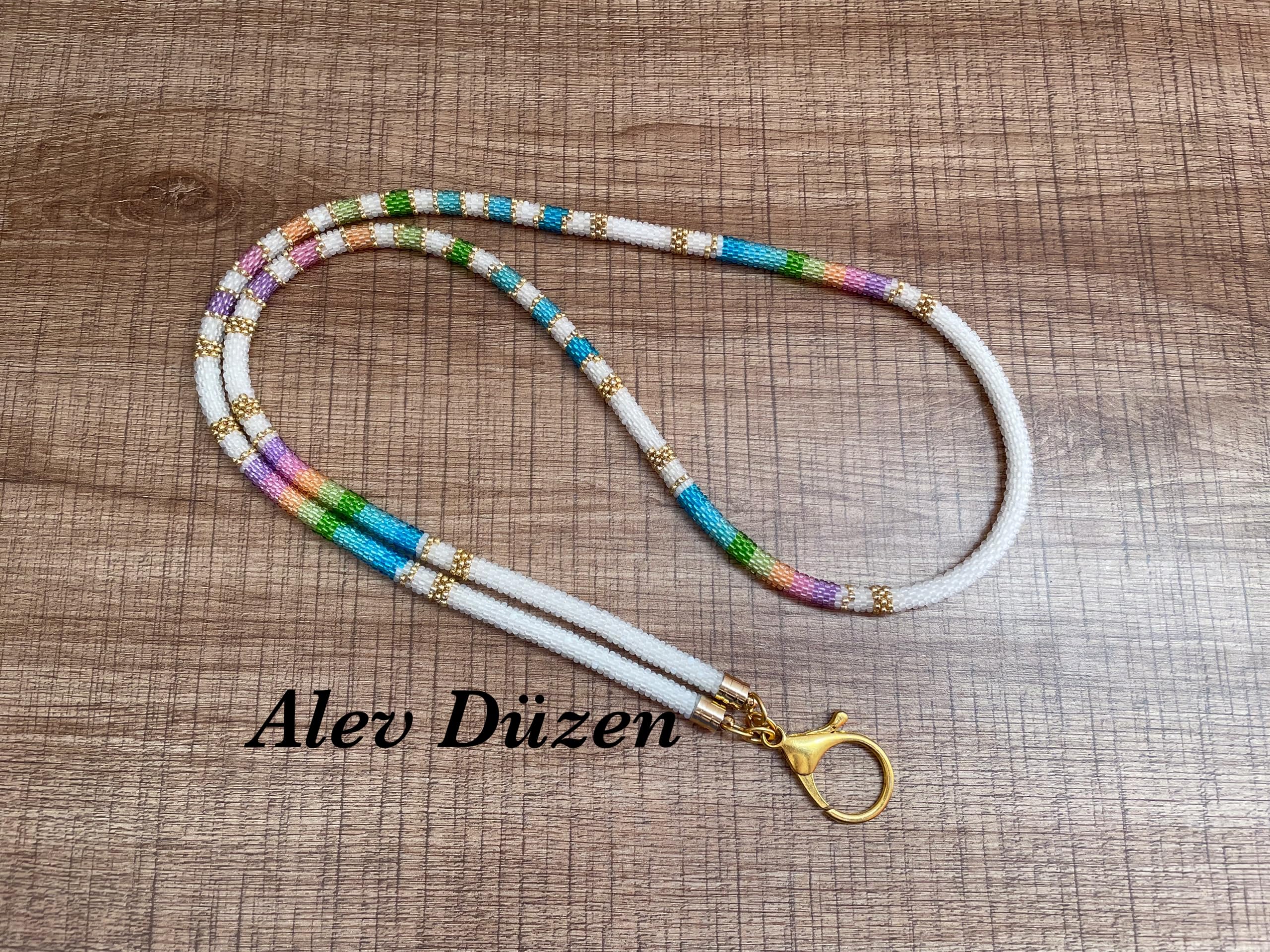 White Rainbow Beaded Phone Lanyard Handmade Seed Bead Strap Badge Holder