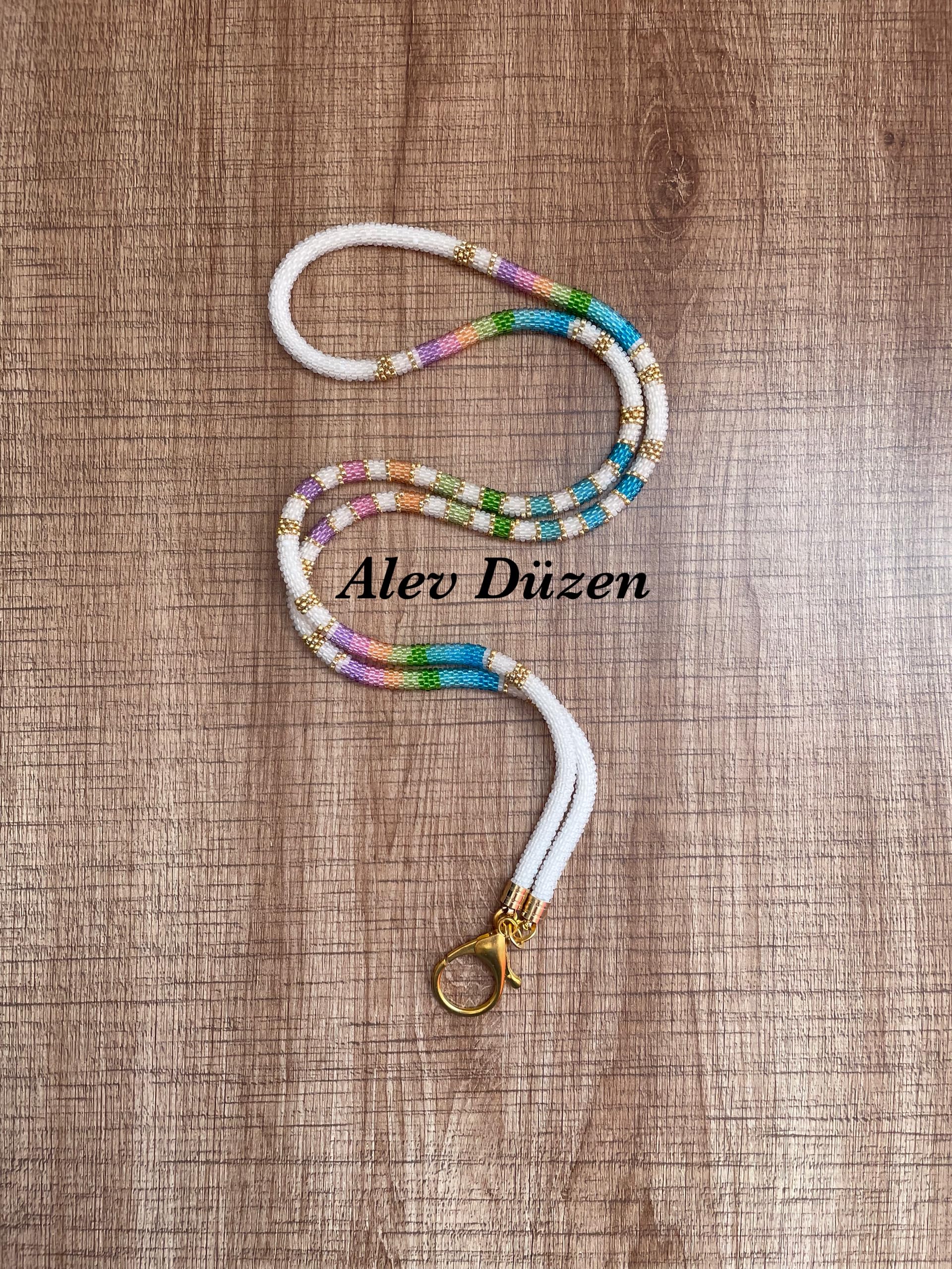 White Rainbow Beaded Phone Lanyard Handmade Seed Bead Strap Badge Holder